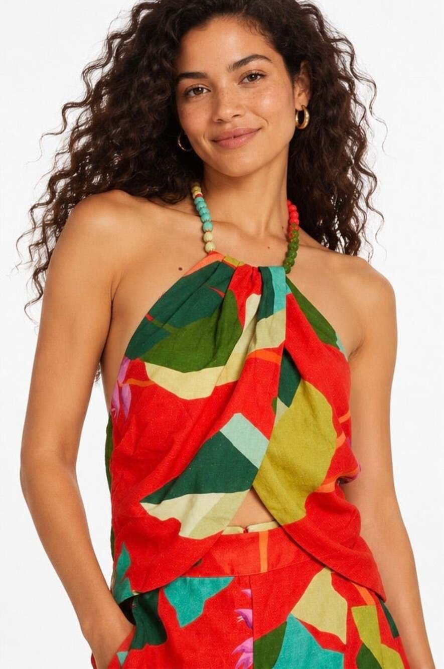 FARM RIO Tropical Print Beaded Halter Top, M, Resort, Beach, Vacation, Summer